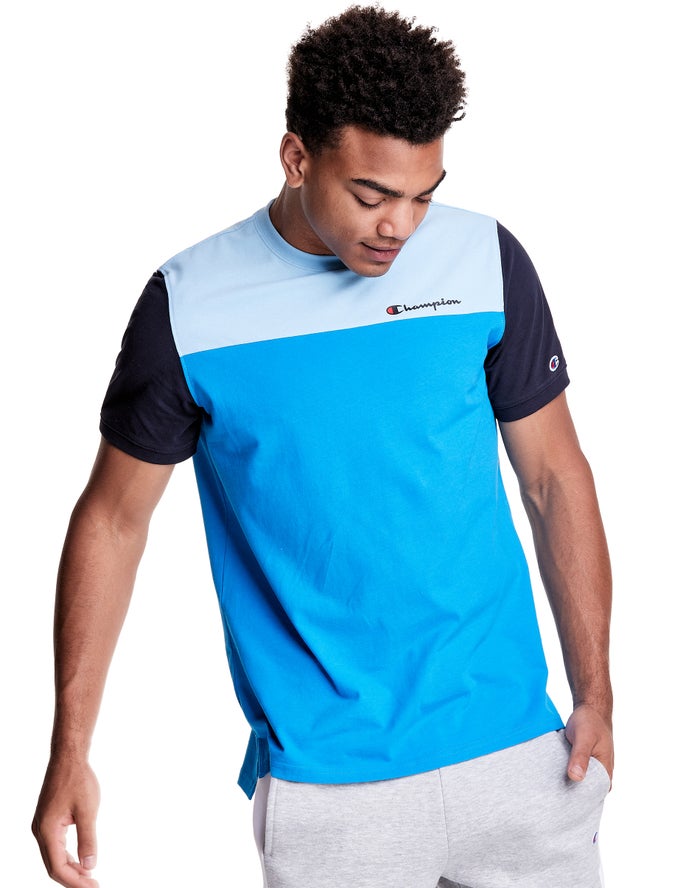 Champion T-Shirt Heren - Blauw - Colorblock ( 038714-HZY )